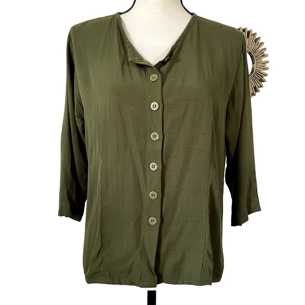 NWOT Vintage Orchid Lane Olive Green Button Up Blouse Women Size S/M 3/4 Sleeve